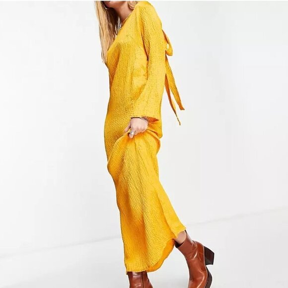 Topshop Dresses & Skirts - Topshop Premium Plisse Tie Back Orange Yellow Midi Summer Dress P1292